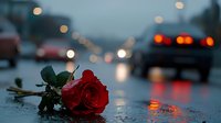 Red rose lying on wet asphalt during evening rain with blurred car lights and bokeh in background creating romantic melancholic atmosphere.