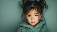 Young Asian girl with messy hair bun wearing cozy green knitted hoodie sweater looking directly at camera with innocent expression against neutral background.