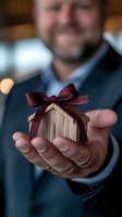 Businessman holding small wooden house model decorated with burgundy ribbon bow, symbolizing real estate gift, property purchase or mortgage concept.