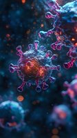 Microscopic view of virus cell with spike proteins in blue and pink neon colors against dark background with glowing orange particles for medical visualization.
