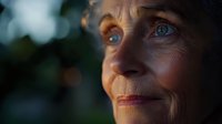 Close-up portrait of senior Caucasian woman with striking blue eyes and gentle smile in warm evening light, expressing wisdom and contentment through contemplative gaze.