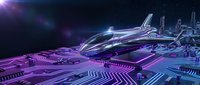 Futuristic spacecraft hovering above neon-lit circuit board landscape with glowing purple and blue technology infrastructure, representing advanced digital innovation and sci-fi transportation.