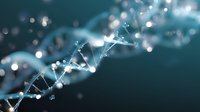 Glowing DNA strand structure with connected dots and lines on dark blue background, molecular biology concept showing genetic research and science.