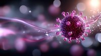 Pink and purple virus cell floating in dark space with glowing particles and smooth waves, scientific medical visualization on black background.