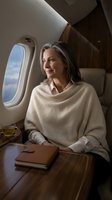 Mature Caucasian businesswoman in beige sweater relaxing on luxury private jet during flight, looking out window with serene expression and warm lighting.