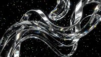 Flowing liquid metal ribbons with reflective chrome surface against starry black space background for futuristic design projects.