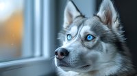Siberian husky with striking blue eyes gazing thoughtfully through window, close-up portrait showing silver-white fur and alert expression in soft natural lighting.