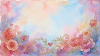 Watercolor floral border with pink and purple roses, ornamental swirls, and hearts on soft pastel background. Suitable for wedding invitations, greeting cards, and design projects.