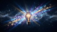 Glowing light bulb with digital icons and data streams radiating outward against starry space background representing innovation and technology concepts.