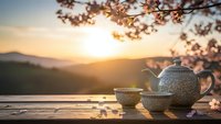 Ceramic teapot and cup on wooden table during golden hour sunset with mountain landscape and cherry blossom branches creating peaceful outdoor tea ceremony atmosphere.