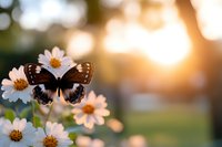 Black and brown butterfly perched on white daisy flower during golden sunset, soft bokeh background creates dreamy garden atmosphere, macro nature photography.