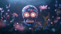 Glowing sugar skull with floral patterns and illuminated eyes amid pink wildflowers at dusk, magical bokeh lights create mystical atmosphere. Día de los Muertos celebration concept.