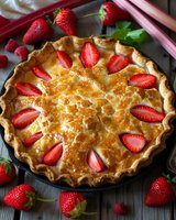 Fresh strawberry rhubarb pie with golden flaky crust, decorated with sliced strawberries on top, served in cast iron pan on rustic wooden background.