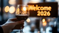 Hand holding wine glass with dark red wine against warm bokeh lights and glowing text in cozy evening atmosphere for celebration and hospitality concepts.