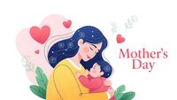 Mother embracing child with hearts and floral elements for Mother's Day celebration on white background isolated for design use.