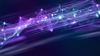 Abstract digital network with glowing purple and blue connections on dark background for technology and data visualization projects.
