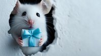 White mouse holding small blue gift box with bow emerging from hole in wall, close-up portrait against light background. Cute holiday concept for greeting cards.