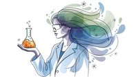 Female scientist with flowing hair holding chemical flask in laboratory coat on white background for educational and research concepts.