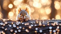 Curious red squirrel peeks over log at sunrise, backlit by golden bokeh lights while morning dew drops glisten on wooden surface creating magical forest atmosphere.