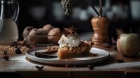 Rustic slice of homemade apple pie topped with whipped cream and star anise on ceramic plate, moody dark food photography with vintage styling.