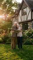Happy senior Caucasian couple embracing in front of Tudor-style home with blooming garden during golden hour sunset for retirement lifestyle concepts.