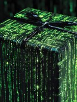 Gift box wrapped in digital matrix pattern with streaming green binary code and black ribbon, representing digital transformation and cyber technology.