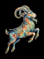 Ornate capricorn goat with decorative swirls and gold accents, isolated on transparent background. Ready for t-shirt design, clipart, stickers, sublimation, and print-on-demand projects.