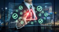 Businessman touching digital screen with glowing warning triangle and green checkmarks, system alert concept on dark city background.