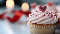 Romantic vanilla cupcake with pink heart sprinkles and white buttercream frosting, decorated with red sugar crystals against soft blurred background with candles.