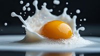 Raw egg yolk with dynamic white splash against dark background, captured in high-speed macro photography showing liquid motion and droplets in dramatic lighting.
