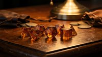 Amber translucent gaming dice set on wooden surface with warm golden lighting and blurred lantern background for tabletop role-playing games and fantasy adventures.