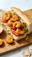 Crispy fried shrimp po boy sandwich with lettuce tomato on wooden cutting board. Fresh seafood sub roll with golden breaded prawns for restaurant menu.