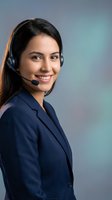 Professional Hispanic businesswoman wearing headset smiling at camera in customer service role against gradient background for corporate communications.