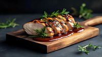 Sliced chicken breast with teriyaki sauce and fresh herbs on wooden cutting board against dark background, styled food photography for restaurant menu and blogs.