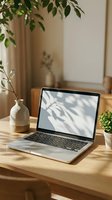 Modern laptop computer on wooden desk with houseplants in bright home office workspace with natural sunlight and shadow patterns for remote work.
