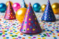Colorful party cone hats decorated with vibrant polka dots pattern on white background with scattered confetti and festive baubles. For celebration designs.