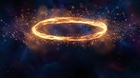 Golden glowing ring with sparkling particles floating in cosmic space with nebula background for fantasy and science fiction designs.