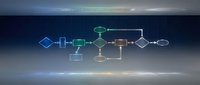 Digital workflow diagram with connected geometric shapes and arrows showing business process flow on gradient background for presentations and analytics.