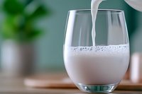 Fresh milk pouring into clear glass creating frothy bubbles on wooden table with green blurred background, close-up view showing dairy freshness and purity.