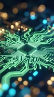 Glowing green circuit board with central microchip and bokeh lights, representing technology, artificial intelligence, and digital innovation for tech industry applications.