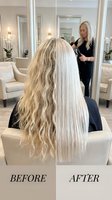 Hair transformation before and after showing curly blonde hair straightened to sleek style by professional stylist in luxury salon.