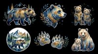 Watercolor brown bear clipart set with bear family, paw prints, and mountain scenes, isolated on transparent background. Great for stickers, t-shirt design, and print on demand.