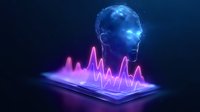 Glowing holographic head projection with neon pink sound wave visualization emerging from smartphone screen against dark background in futuristic style.