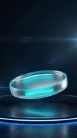 Futuristic glass oval platform with cyan glow on dark tech surface for product display and presentation backgrounds.