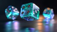 Glowing translucent dice in turquoise and blue colors floating against dark background with light reflections creating magical gaming atmosphere.