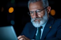Senior Caucasian businessman with gray beard and glasses working late on laptop in dark office, illuminated by blue screen light, wearing navy suit and tie.