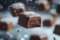 Dark chocolate candy with sesame seeds floating in air against blurred background. Close up view shows rich texture and layers of sweet confection filling.