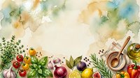 Watercolor garden vegetables and herbs arranged on cream background with cooking utensils and olive oil for culinary, recipe, and food styling projects.