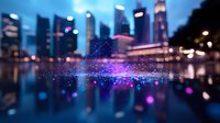 Modern cityscape skyline reflected in water with magical glowing particles creating ethereal light effect, purple and blue bokeh lights floating above calm surface.