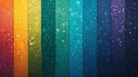 Vibrant rainbow stripes with water droplets and bokeh effect create atmospheric gradient background from warm red through yellow and green to cool blue and purple tones.